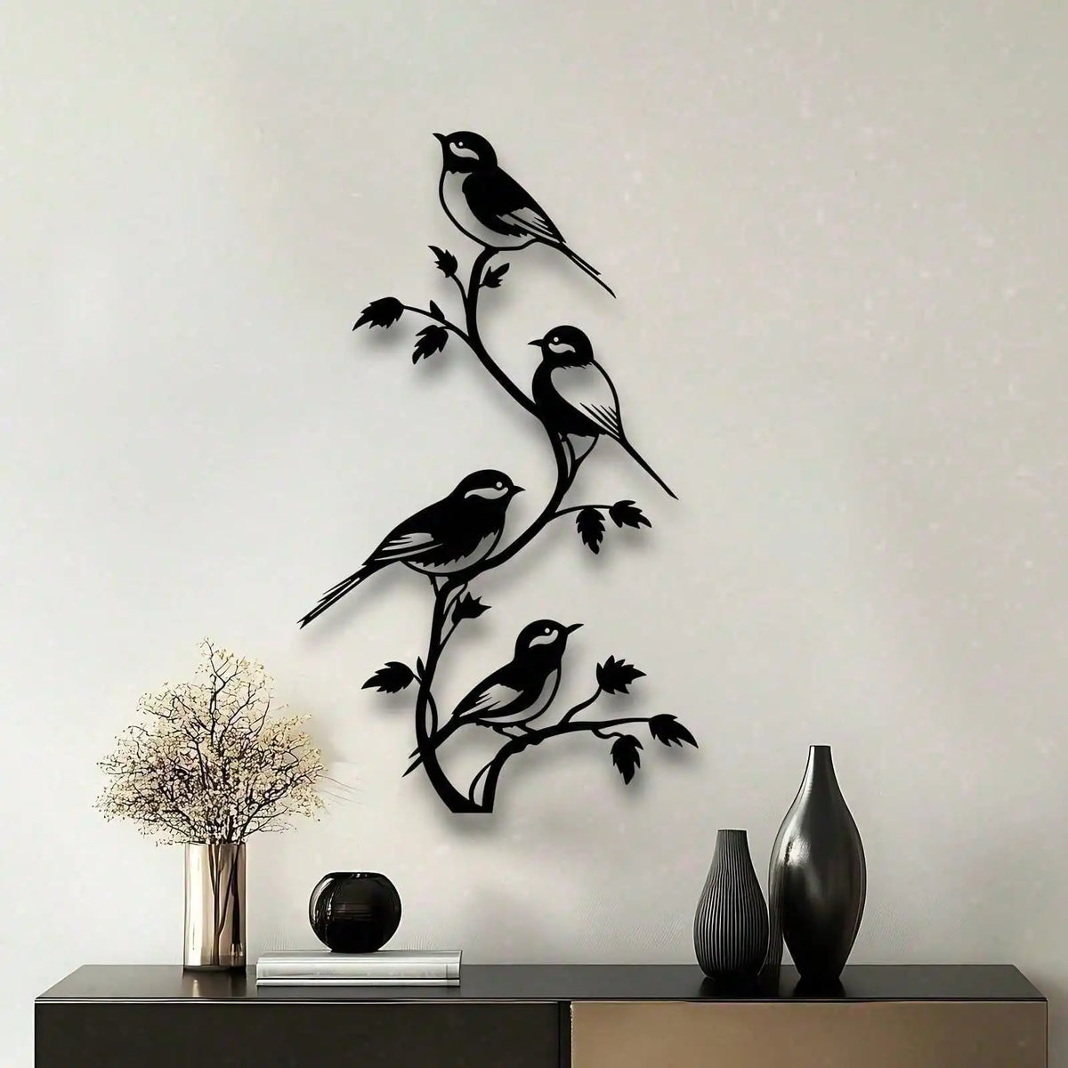 Black Metal Birds On Branch Wall Art