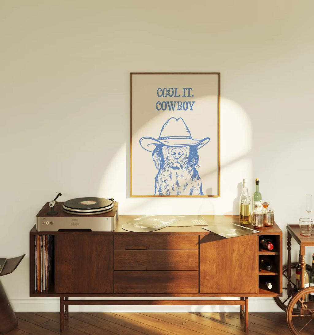 Wall Art Cotton Canvas Western Cowboy Dog Blue
