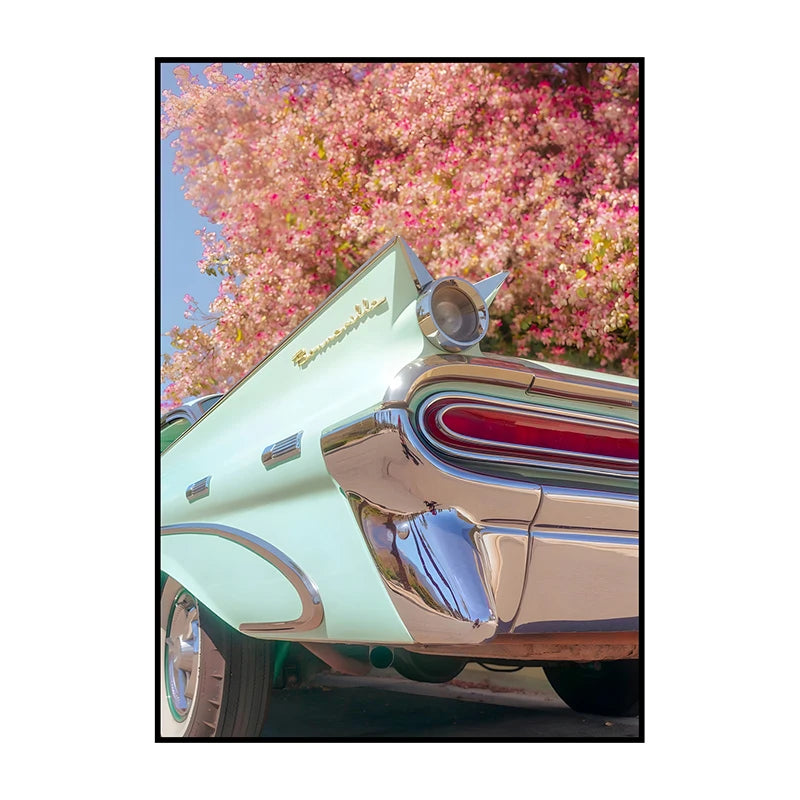 Vintage Car Canvas Wall Art And Pink Blossoms Unframed