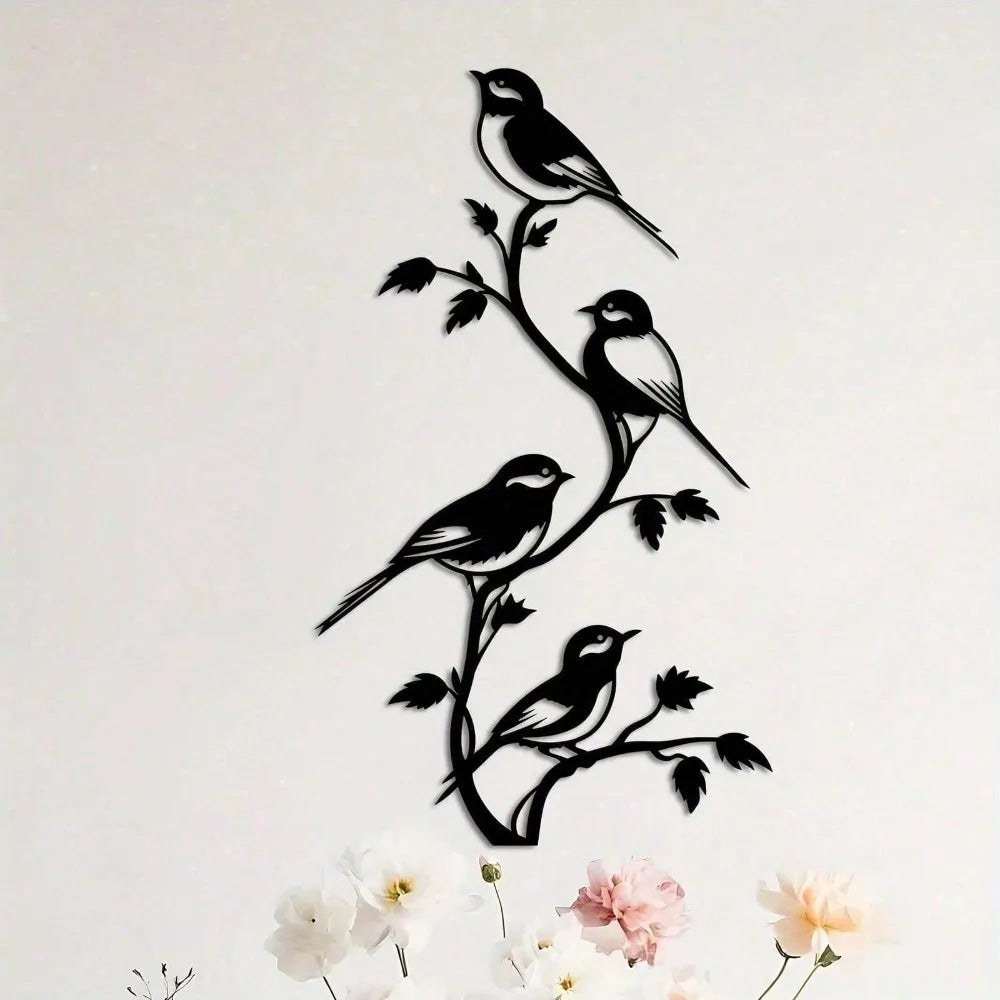 Black Metal Birds On Branch Wall Art