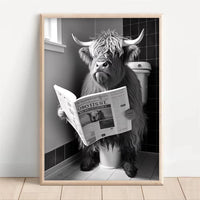 Wall Art Black And White Highland Cow On Toilet