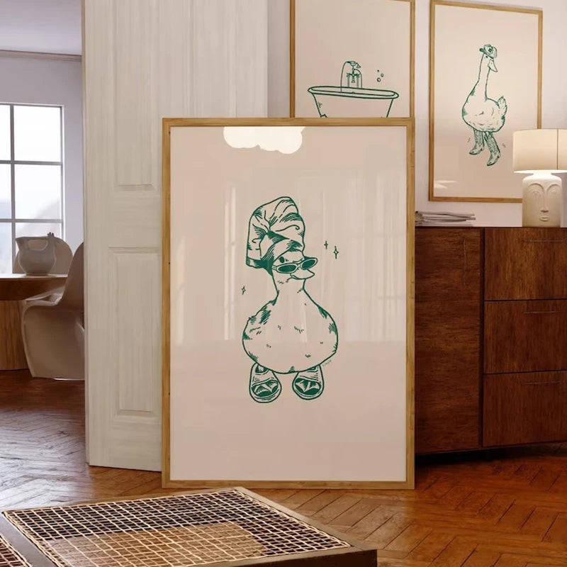 Funny Bathroom Wall Art Duck Green In Slippers