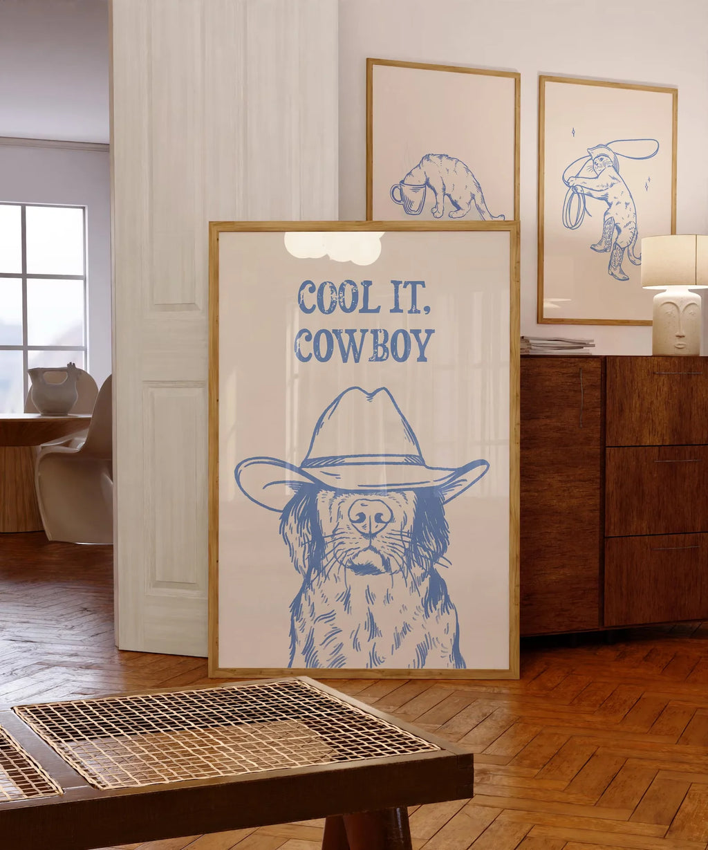 Wall Art Cotton Canvas Western Cowboy Dog Blue