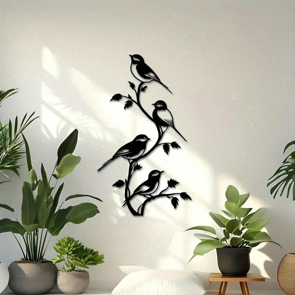 Black Metal Birds On Branch Wall Art