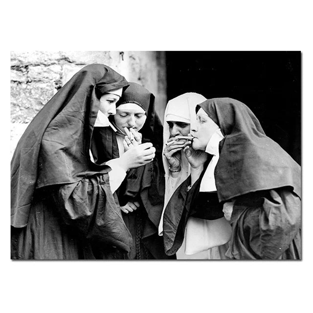 Smoking Nuns Canvas Wall Art Black And White
